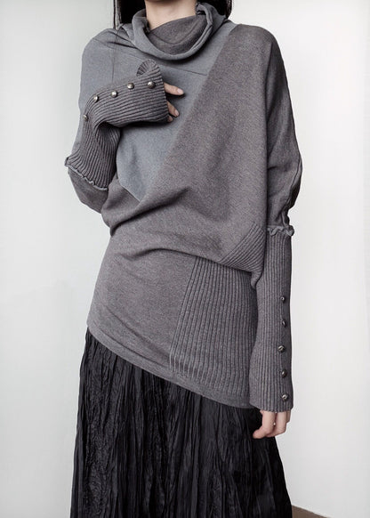 Women Grey Turtle Neck Asymmetrical Design Knit Sweater Tops Winter
