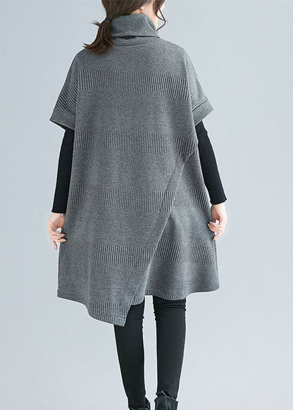 Women Grey Turtle Neck asymmetrical design Dresses Short Sleeve