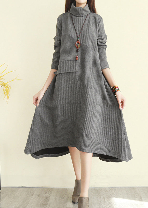 Women Grey Turtle Neck pocket Knit Dress Long Sleeve