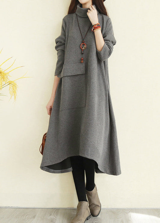 Women Grey Turtle Neck pocket Knit Dress Long Sleeve