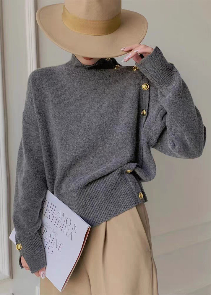 Women Grey Turtleneck Button Side Open Knit Sweater Winter