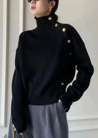 Women Grey Turtleneck Button Side Open Knit Sweater Winter