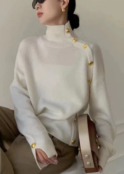 Women Grey Turtleneck Button Side Open Knit Sweater Winter