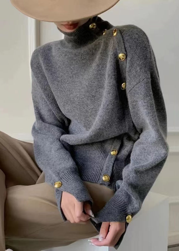 Women Grey Turtleneck Button Side Open Knit Sweater Winter