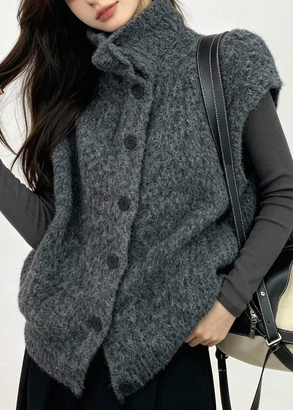 Women Grey Turtleneck Solid Cotton Knit Waistcoat Fall