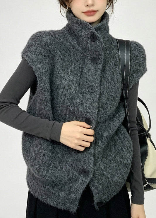 Women Grey Turtleneck Solid Cotton Knit Waistcoat Fall