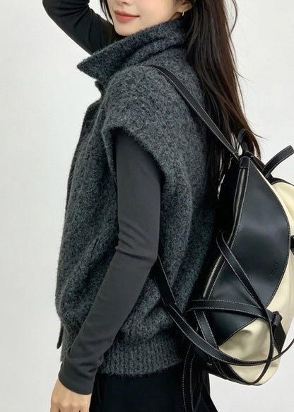 Women Grey Turtleneck Solid Cotton Knit Waistcoat Fall