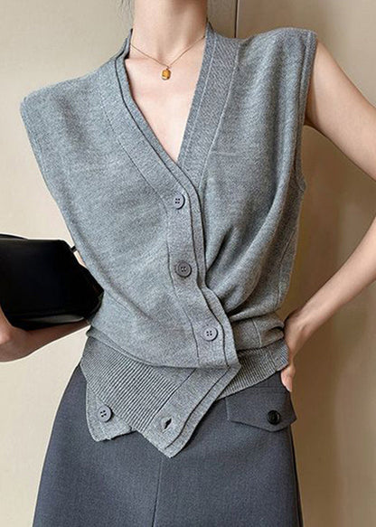 Women Grey V Neck Button Solid Knit Vest Sleeveless