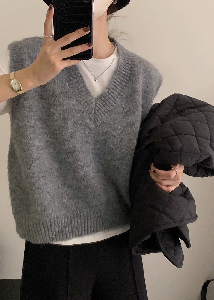 Women Grey V Neck Cozy Knit Vest Tops Sleeveless