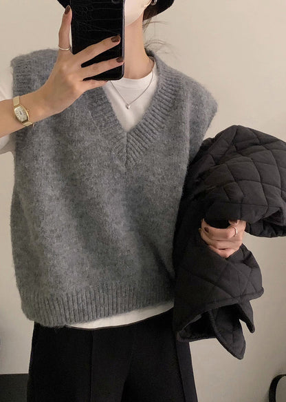 Women Grey V Neck Cozy Knit Vest Tops Sleeveless