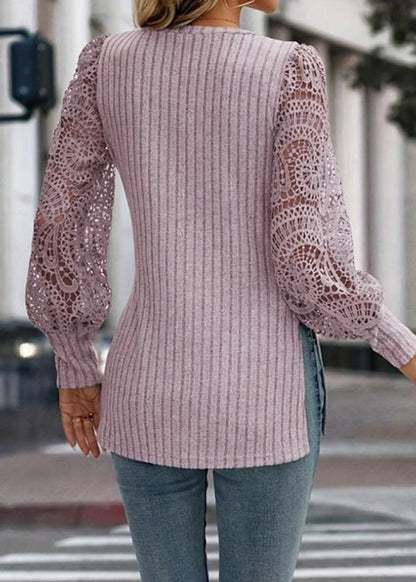 Women Grey V Neck Hollow Out Knit T Shirt Top Fall