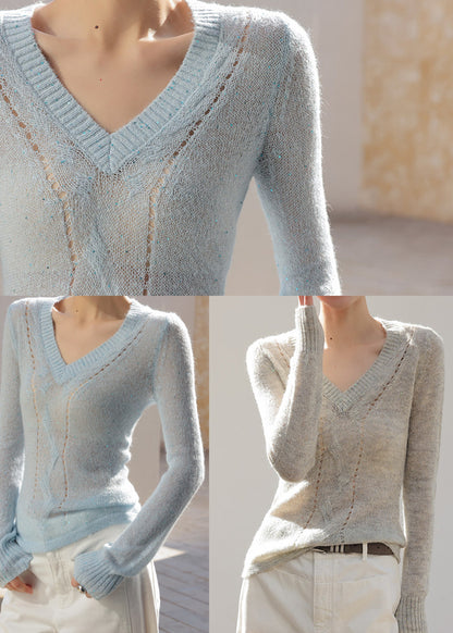 Women Grey V Neck Hollow Out Knit Top Spring