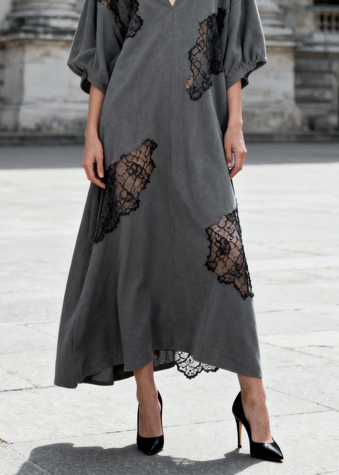 Women Grey V Neck Hollow Out Lace Patchwork Cotton Dresses Summer