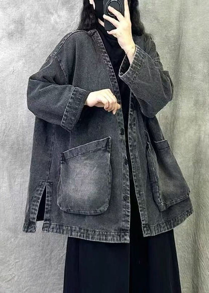 Women Grey V Neck Pockets Patchwork Denim Coat Fall