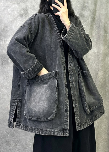 Women Grey V Neck Pockets Patchwork Denim Coat Fall