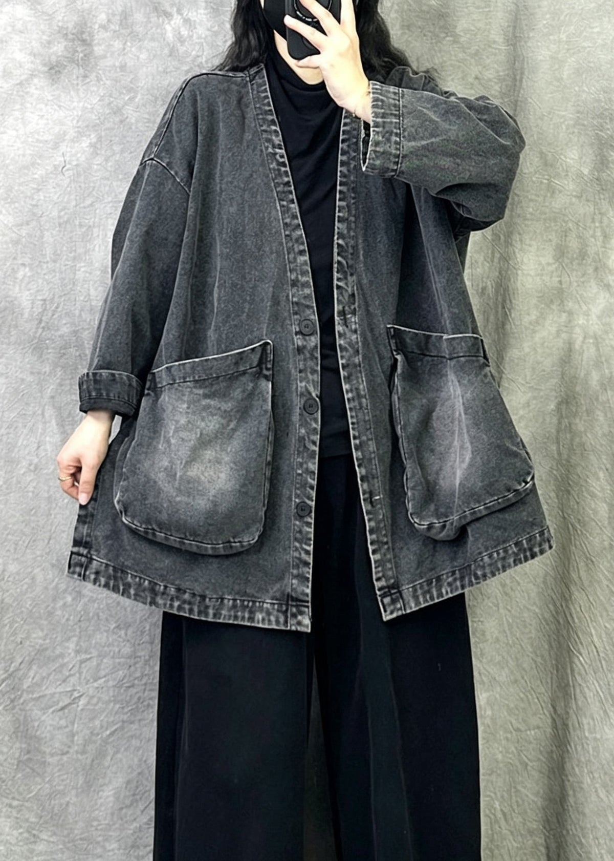 Women Grey V Neck Pockets Patchwork Denim Coat Fall