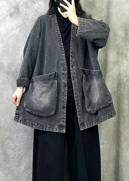 Women Grey V Neck Pockets Patchwork Denim Coat Fall