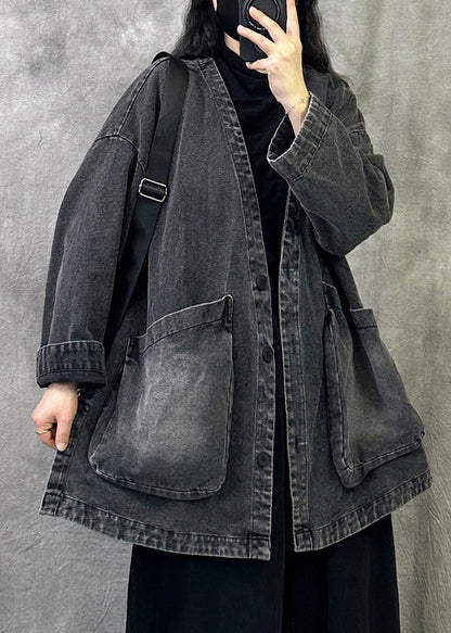Women Grey V Neck Pockets Patchwork Denim Coat Fall