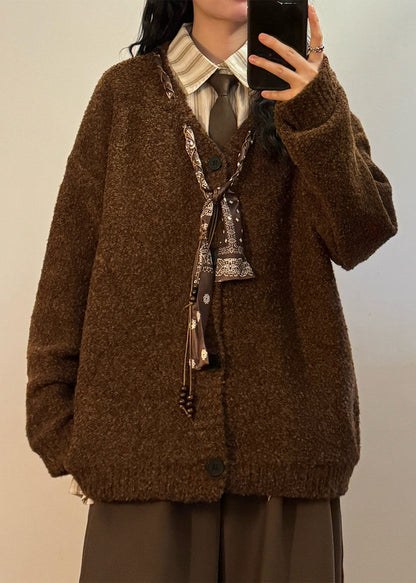 Women Grey V Neck Scarf Design Button Knit Coats Spring