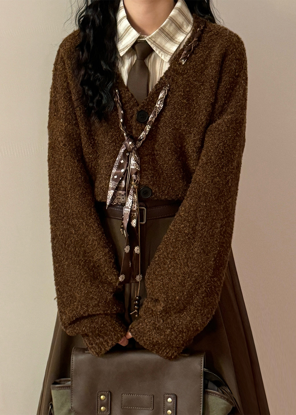 Women Grey V Neck Scarf Design Button Knit Coats Spring