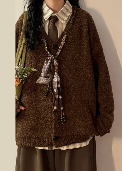 Women Grey V Neck Scarf Design Button Knit Coats Spring