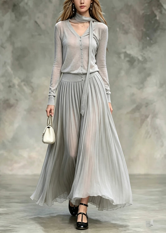 Women Grey V Neck Tops And Skirts Cotton Two Pieces Set Fall