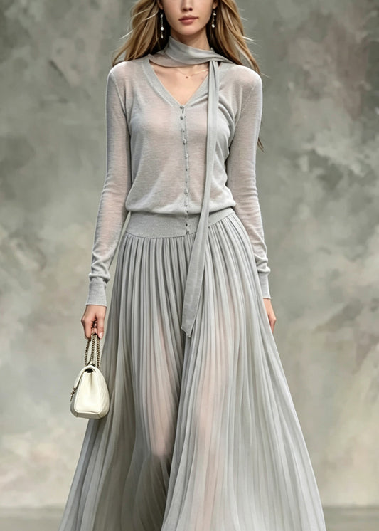 Women Grey V Neck Tops And Skirts Cotton Two Pieces Set Fall