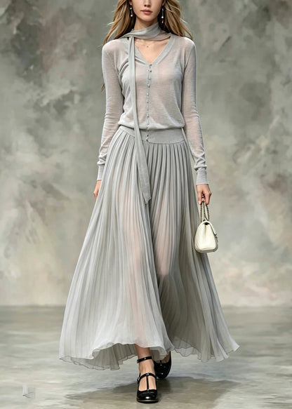 Women Grey V Neck Tops And Skirts Cotton Two Pieces Set Fall