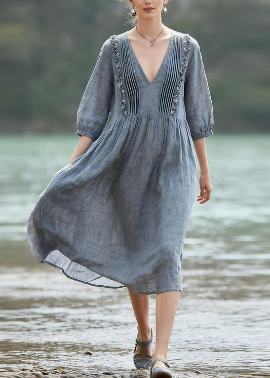 Women Grey V Neck Wrinkled Floral LinenDresses Summer