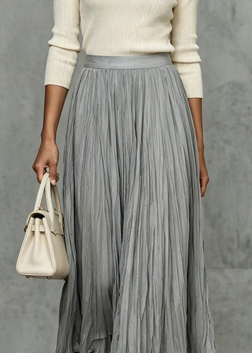 Women Grey Wrinkled Elastic Waist Silk Skirts Fall