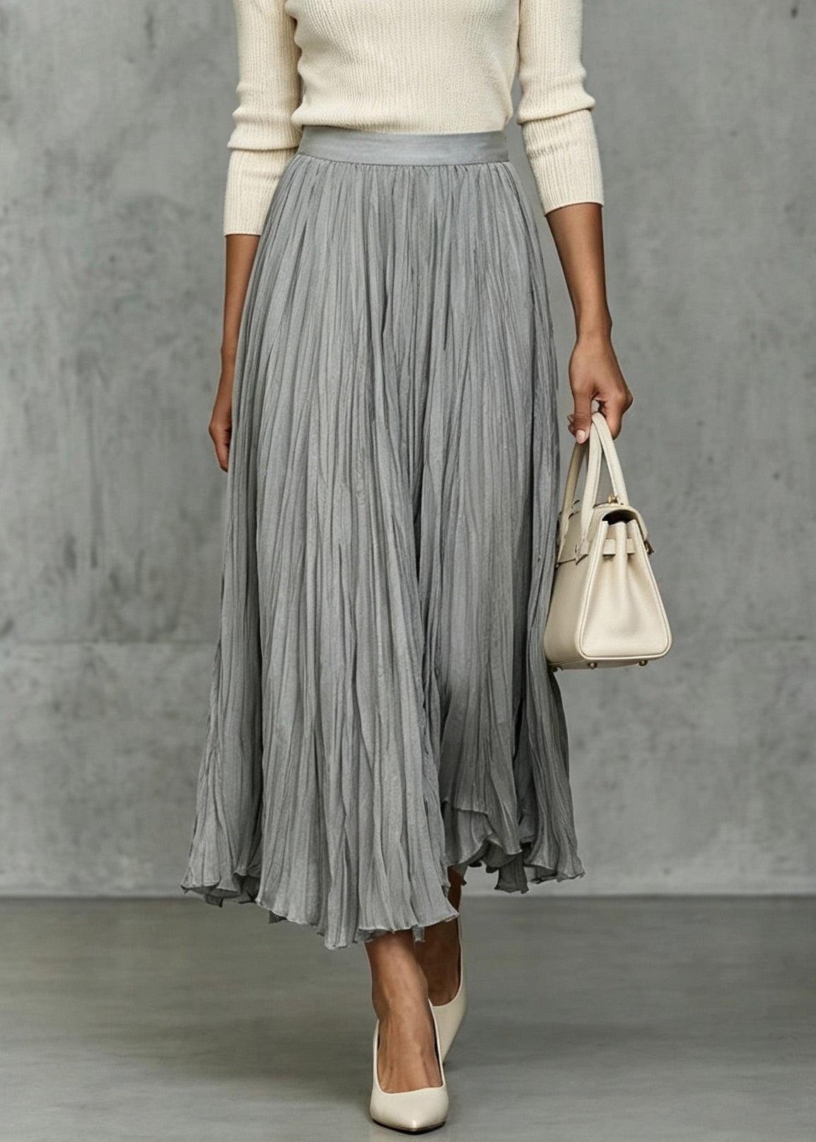 Women Grey Wrinkled Elastic Waist Silk Skirts Fall