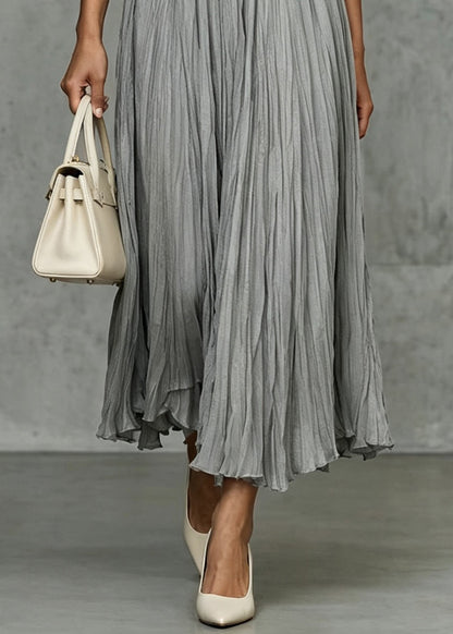 Women Grey Wrinkled Elastic Waist Silk Skirts Fall