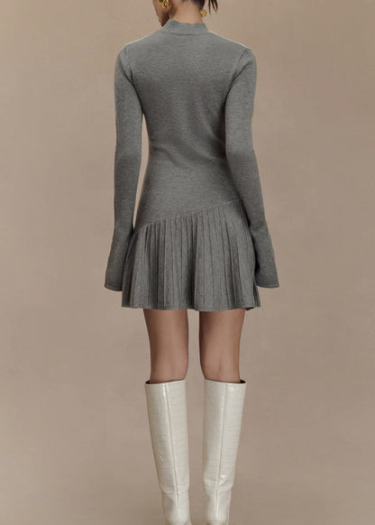 Women Grey Wrinkled Patchwork Knit Sweater Dress Winter