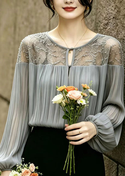 Women Grey Wrinkled Patchwork Lace Chiffon Blouses Summer