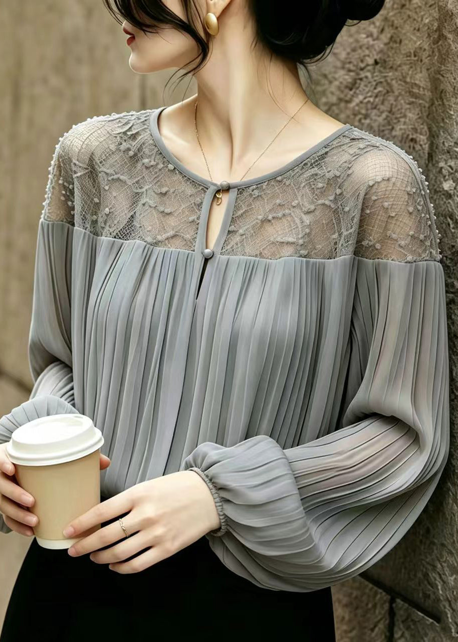 Women Grey Wrinkled Patchwork Lace Chiffon Blouses Summer