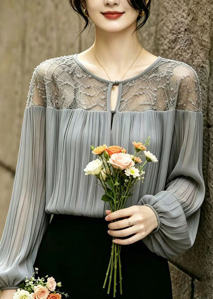 Women Grey Wrinkled Patchwork Lace Chiffon Blouses Summer