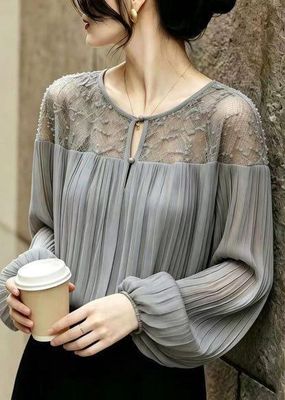 Women Grey Wrinkled Patchwork Lace Chiffon Blouses Summer