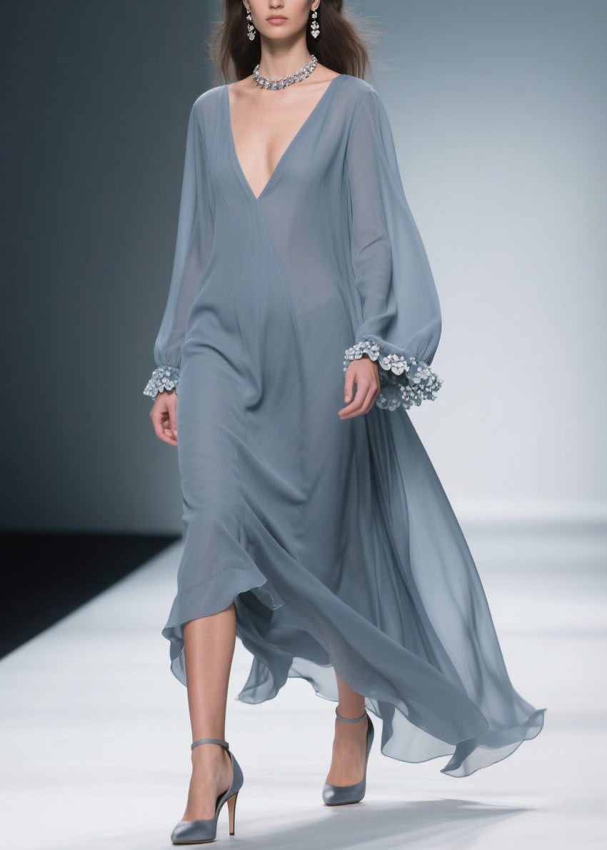 Women Haze Blue Floral Solid Chiffon Maxi Dresses