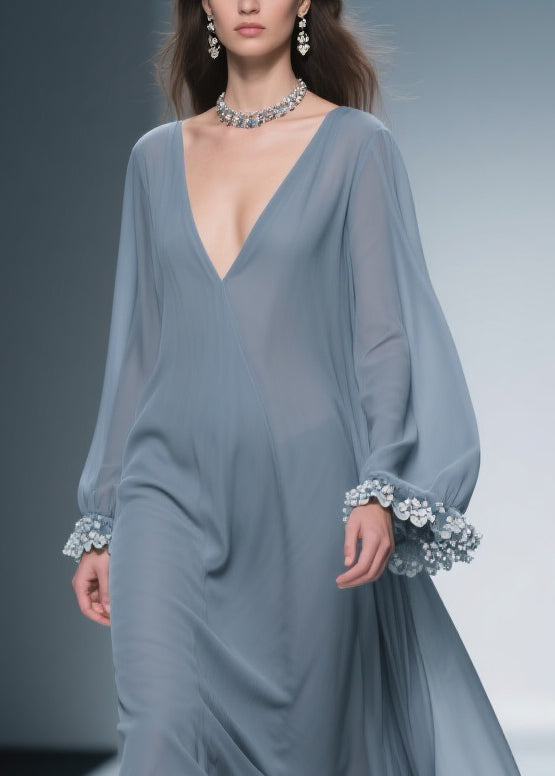 Women Haze Blue Floral Solid Chiffon Maxi Dresses