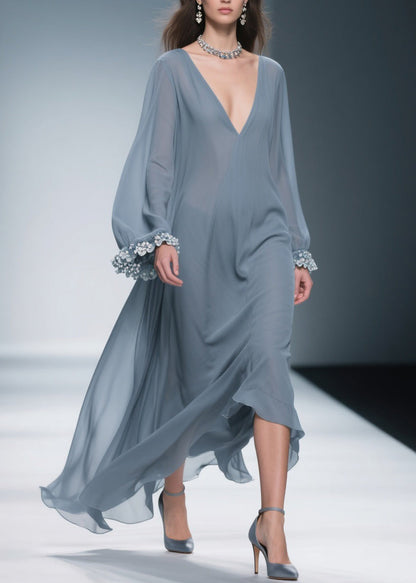 Women Haze Blue Floral Solid Chiffon Maxi Dresses