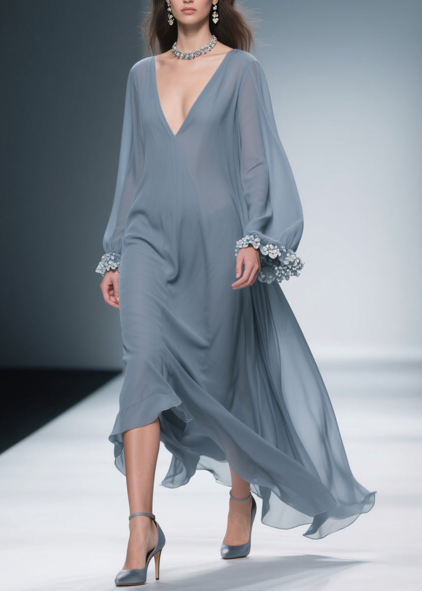 Women Haze Blue Floral Solid Chiffon Maxi Dresses