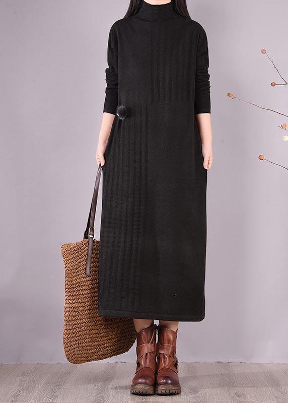 Women High Neck Spring Wardrobes Sleeve Black Robe Dress - SooLinen