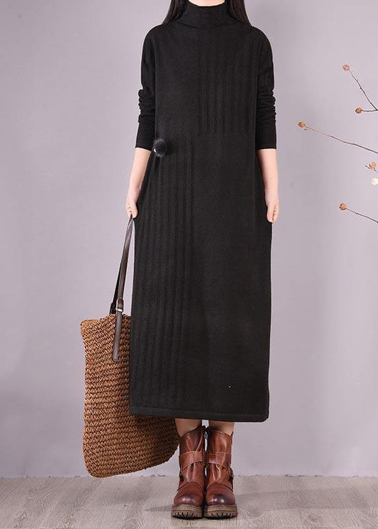 Women High Neck Spring Wardrobes Sleeve Black Robe Dress - SooLinen