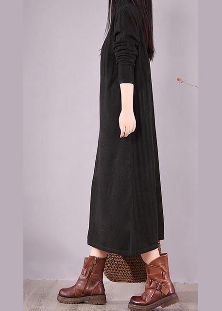 Women High Neck Spring Wardrobes Sleeve Black Robe Dress - SooLinen