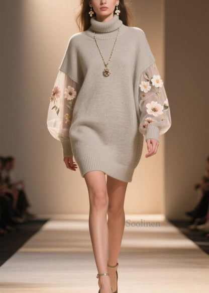 Women Hign Neck Floral Tulle Patchwork Knit Sweater Dress Winter