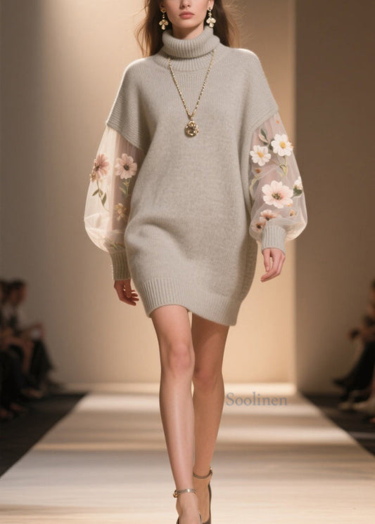 Women Hign Neck Floral Tulle Patchwork Knit Sweater Dress Winter