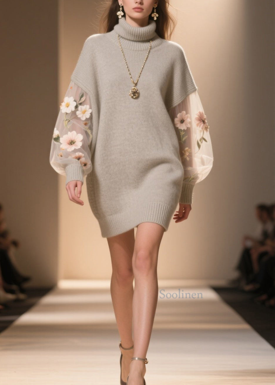 Women Hign Neck Floral Tulle Patchwork Knit Sweater Dress Winter