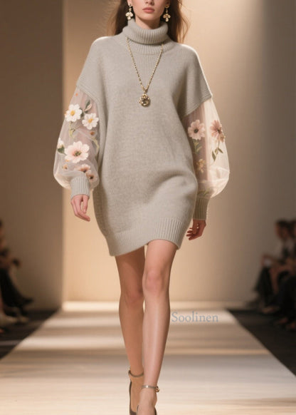 Women Hign Neck Floral Tulle Patchwork Knit Sweater Dress Winter