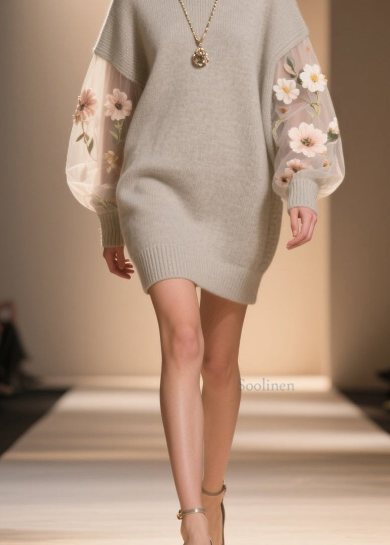 Women Hign Neck Floral Tulle Patchwork Knit Sweater Dress Winter