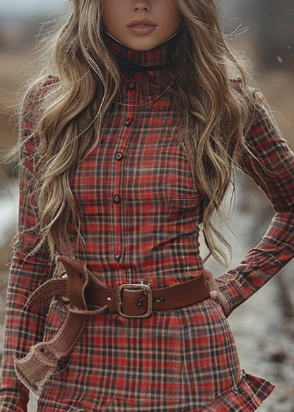 Women Hign Neck Plaid Ruffled Cotton Mini Dresses Long Sleeve